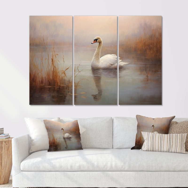 Ensemble d'art mural sur toile Swan In The Mist III - Swans Animal, H 32 po x l 48 po x P 1 po