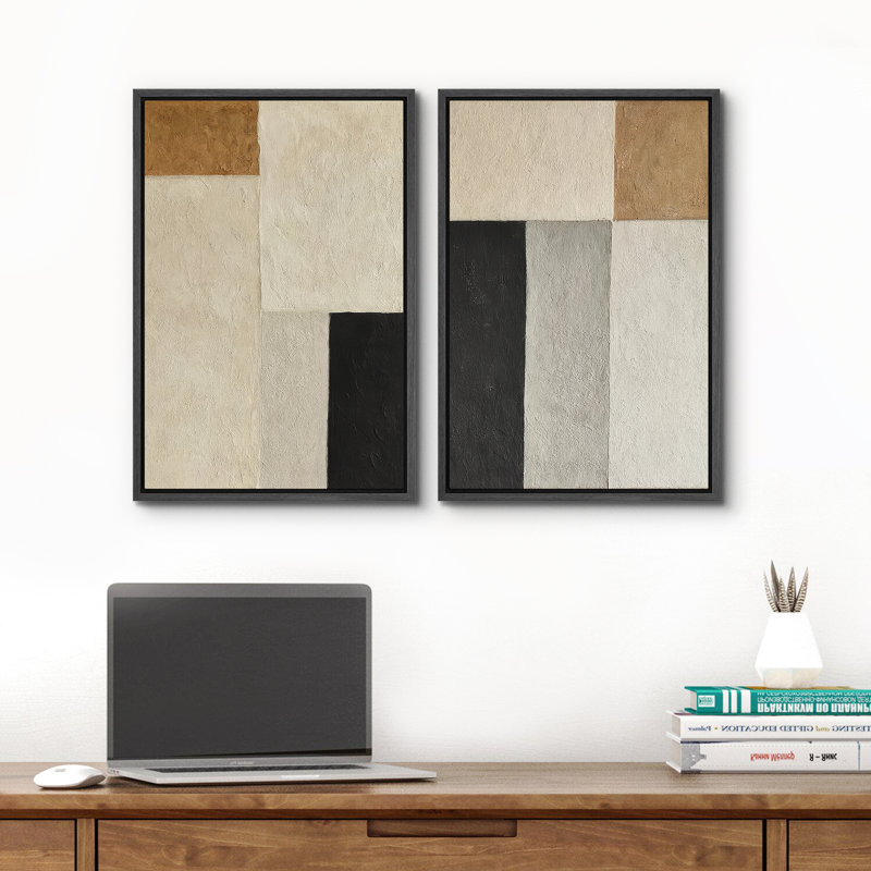Art mural abstrait, ensemble de 2 reproductions d'art encadrées sur toile, H 24 po x l 32 po, Noir