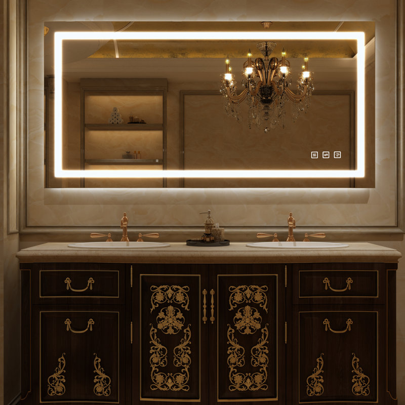 Led Bathroom Mirror, Dimmable Vanity Mirrors For Wall, Anti-fog, 3 Colors Adjustable, Memory, Double Led Lights ( Front And Backlit ) Durable Tempered Material