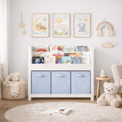 Bibliothèque pour enfants avec rangement à 3 niveaux et 3 bacs en tissu, bibliothèque en bois pour tout-petits pour salle de jeux, chambre de bébé, chambre à coucher - étagère à livres pour jouets et livres