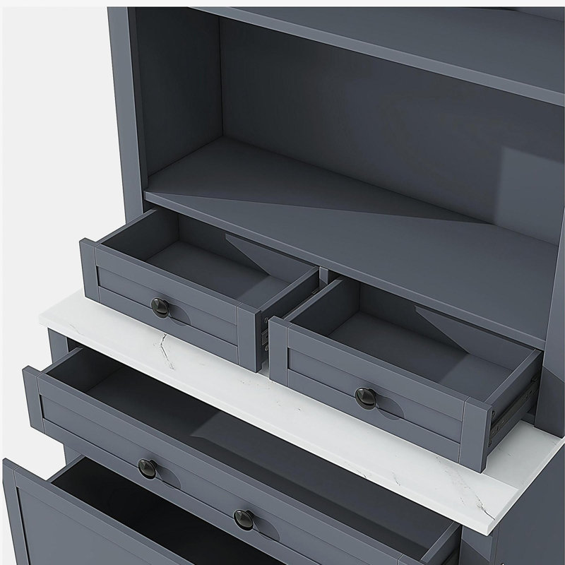 [Vidéo d'assemblage fournie] Tablette de rangement moderne de 83,7 pouces de hauteur avec plateau en marbre, vitrine avec 5 tiroirs de rangement et tablettes réglables, gris Topmax