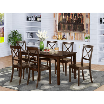 7-Piece Rectangle Cappuccino Finish Solid Wood Top Dining Table with 6 Chairs with Lattice Back