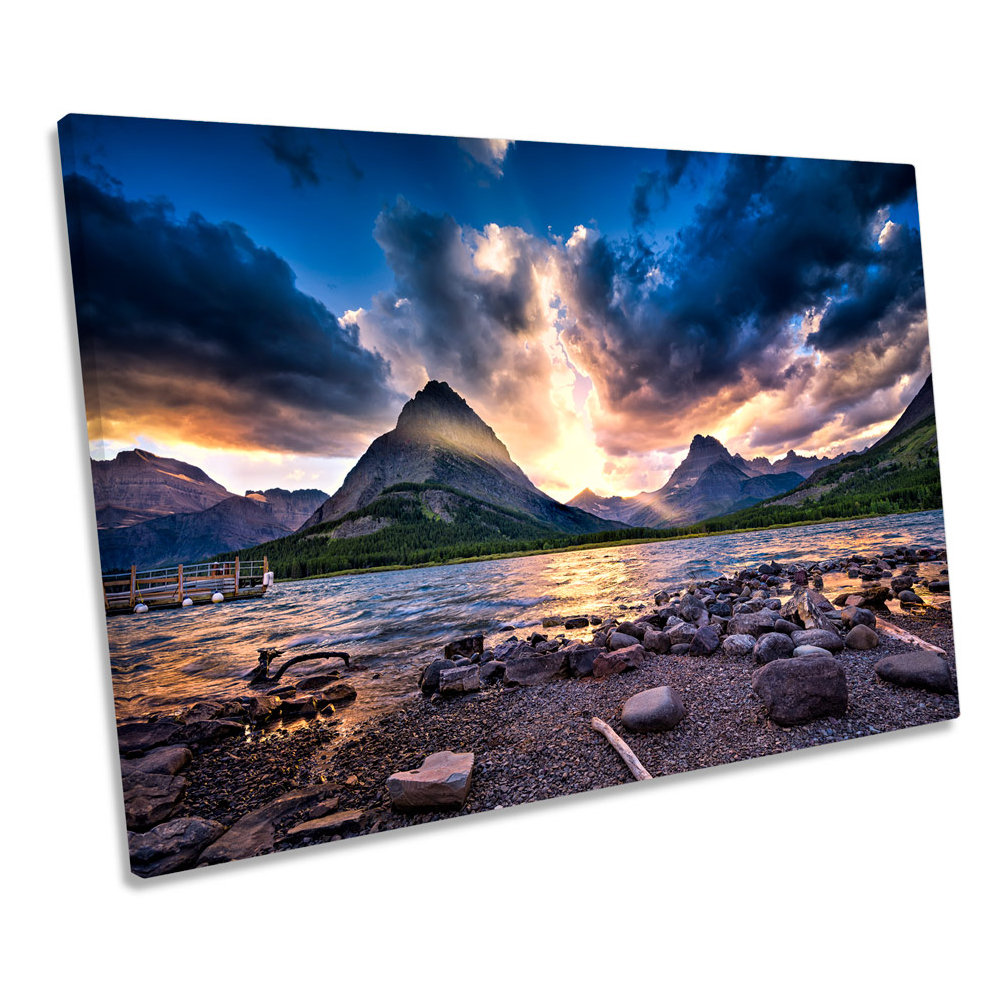 Mountain Sunset Landscape Lake CANVAS WALL ART Box Framed
