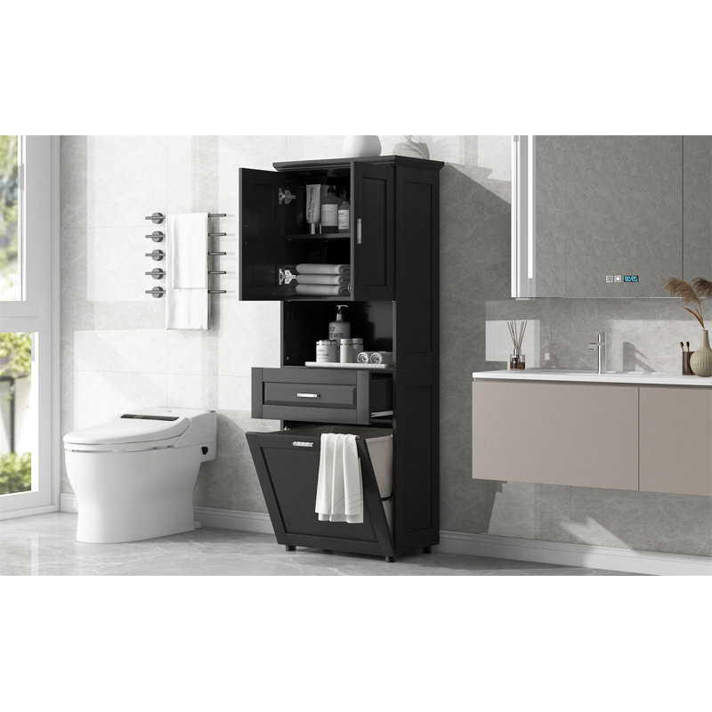 Tall Bathroom Cabinet With Laundry Basket, Black