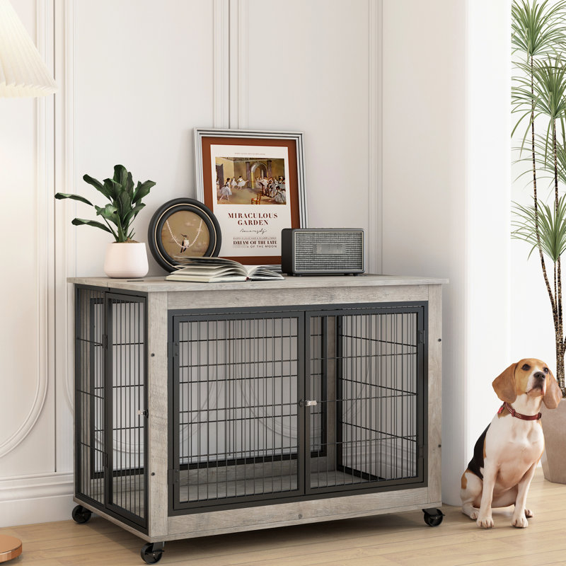 Table d'appoint pour chien avec roulettes transportables, grises, l 39,36 po x l 25,5 po 27,36 po, portes doubles et roulettes à plateau relevable, pour le bien-être des animaux de compagnie