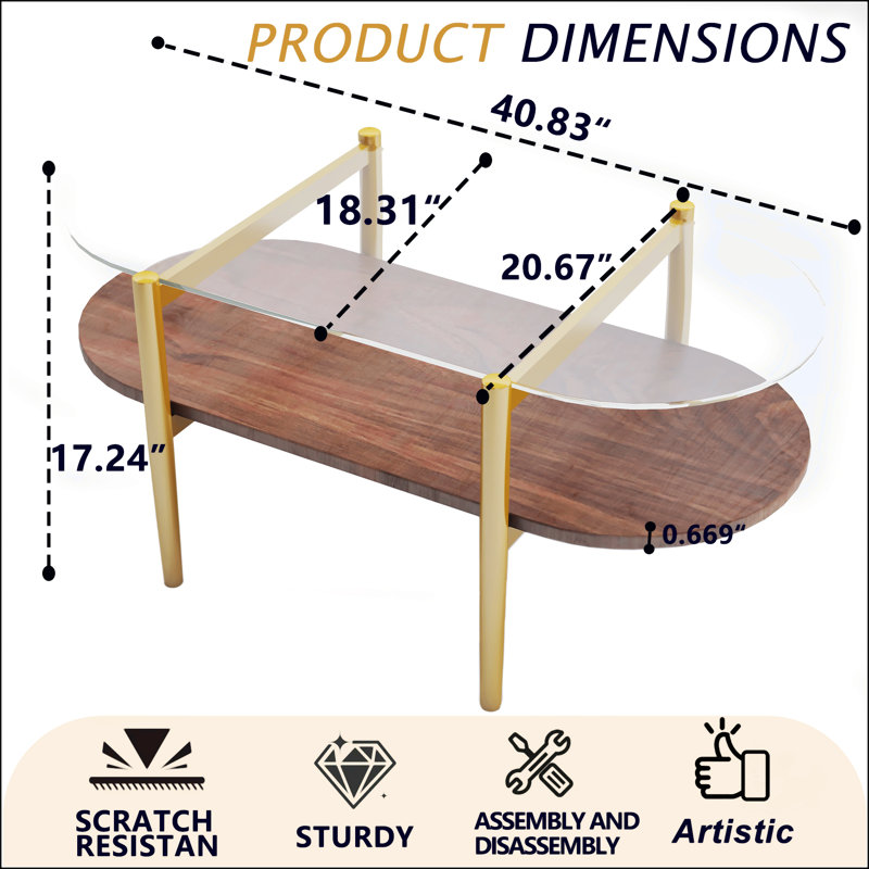 Table basse ovale en verre, Naturel / naturel, H 17,24 po x L 40,83 po x l 20,67 po