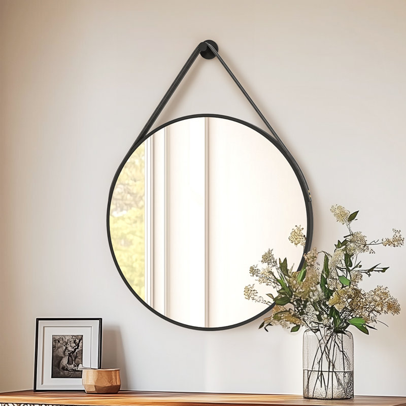 24'' Round Coastal Wall Mirror Brushed Black Aluminum Frame , 23.62" x 23.62", Black