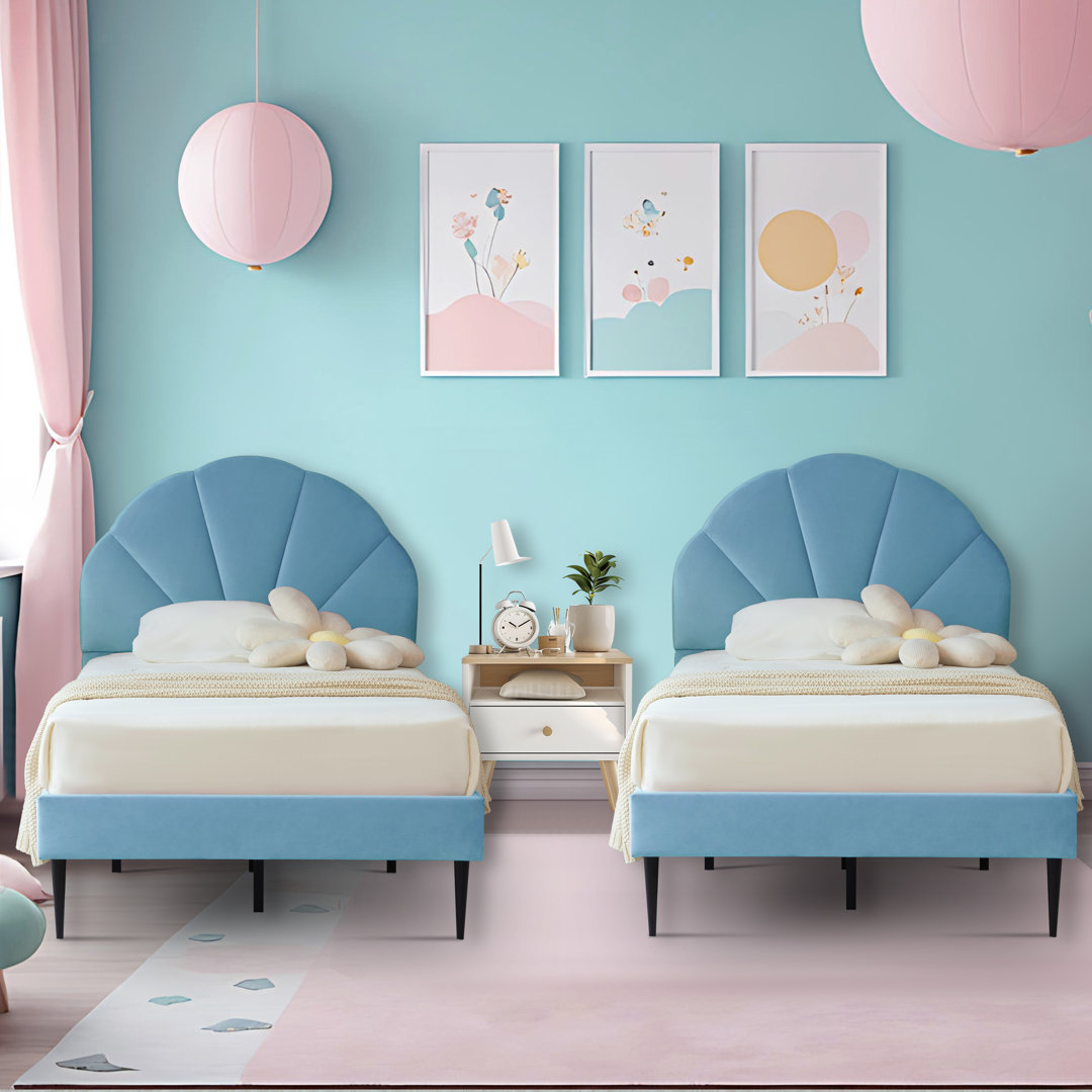 Twin Size Tufted Upholstered Flower Silhouette Headboard Platform Bed (Set of 2) Mercer41