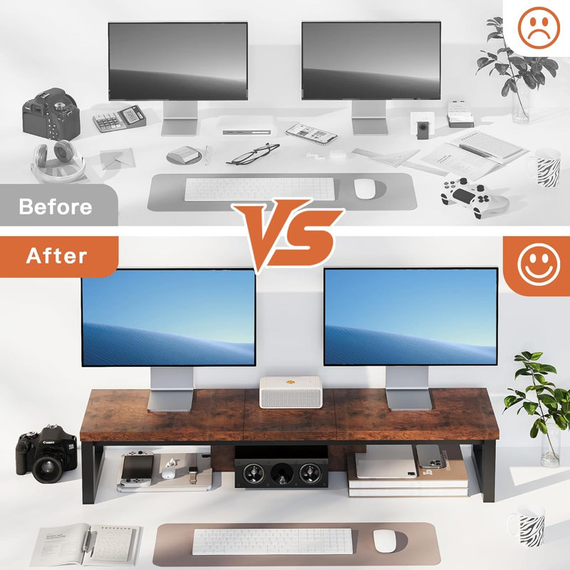 Support pour écran double, support pour écran en bois et acier, support pour écran d'ordinateur pour 2 moniteurs, tablette de bureau pour ordinateur, ordinateur portable, imprimante, télévision, brun