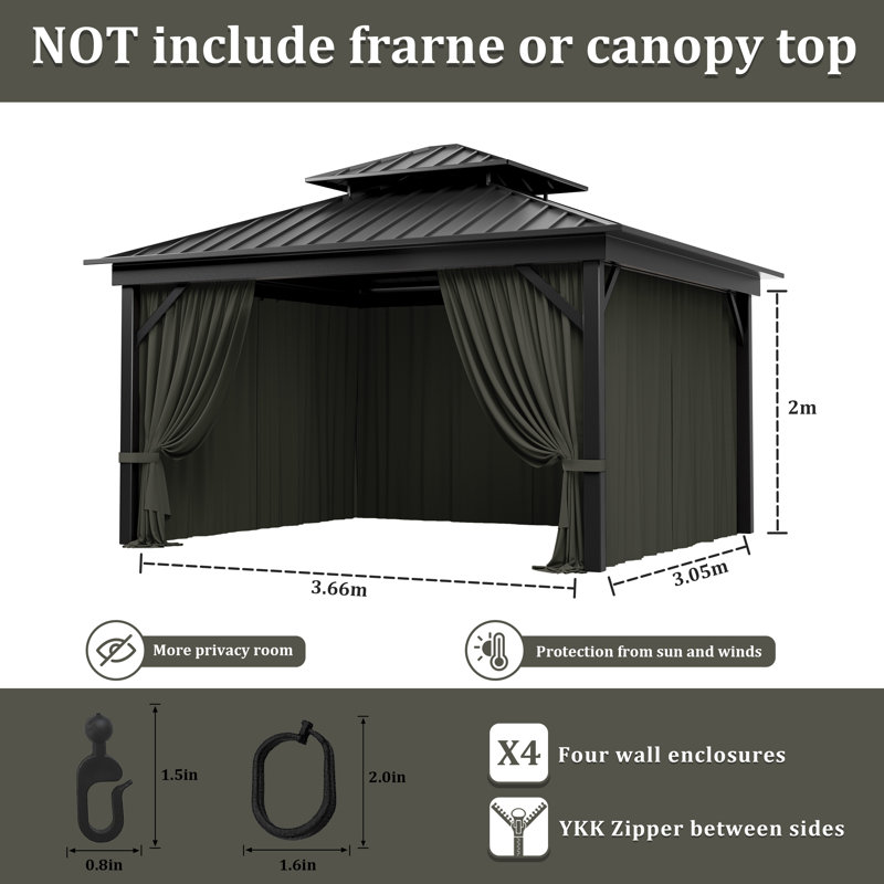 4-Panels Sidewall Curtains For Gazebo, Only Curtains, Gray, 78.74" H x 144" W x 120" D