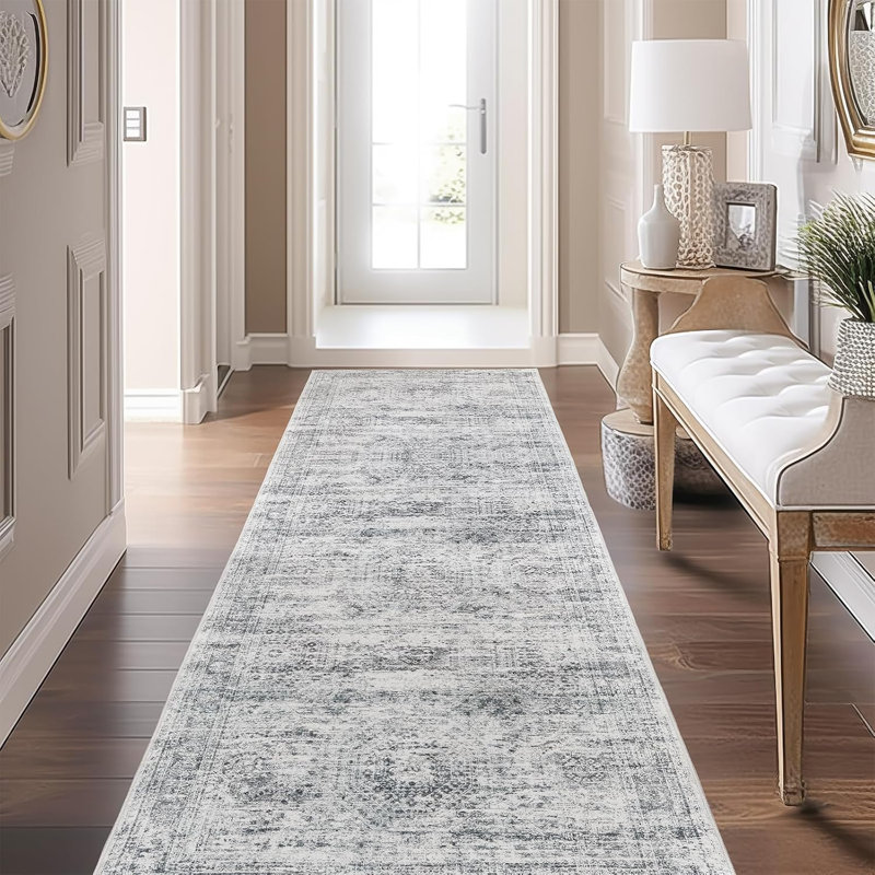 Tapis de couloir de cuisine doux antidérapant, Tapis de couloir 2 pi 6 po x 8 pi, Gris / Ivoire