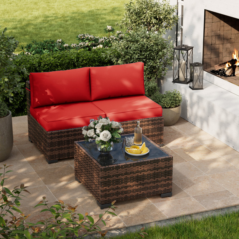 Anterion 25.2" W 3-Piece Wicker Patio Seating Group with Cushions, Bright Red