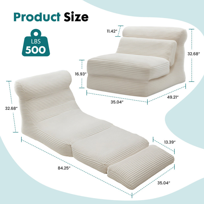 3-In-1 Folding Lazy Sofa Set Of 2, Oversized Corduroy Floor Chair, Bean Bag Chair/Sofa Lounger, White