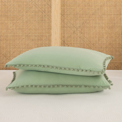 Sage Green Pom Poms Pillowcases, Green Standard Pillow Cases Set of 2, 100% Washed Microfiber, Dark Sea Green Ball Fringe Pillow Cover, 2 Pack (Queen, Sage Green)