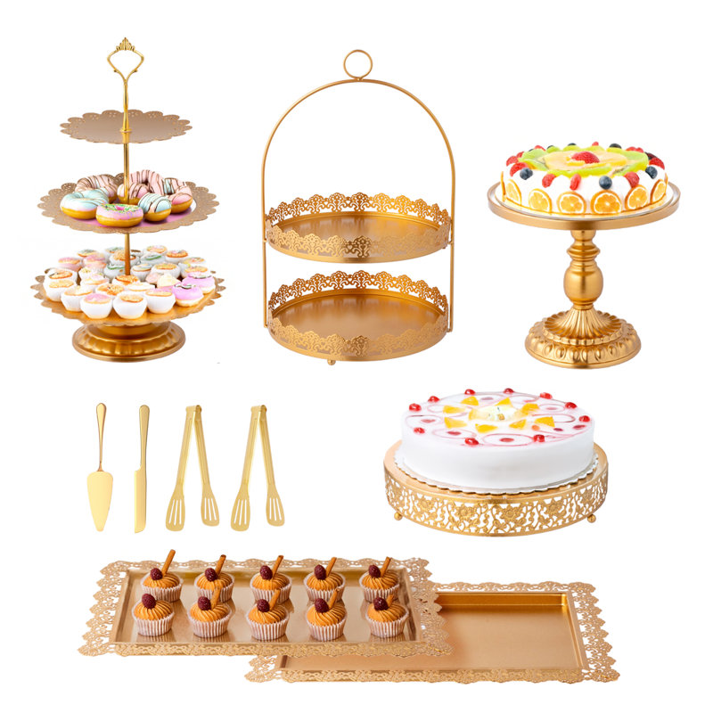 Ensemble 10 pièces de présentoirs à desserts en métal doré