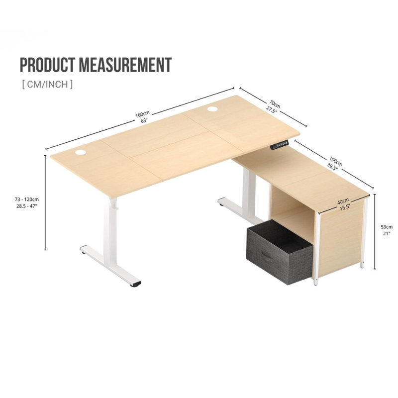 Bureau debout électrique réglable en hauteur de 63 po avec tablette latérale, écran DEL et port de charge USB (chêne clair)