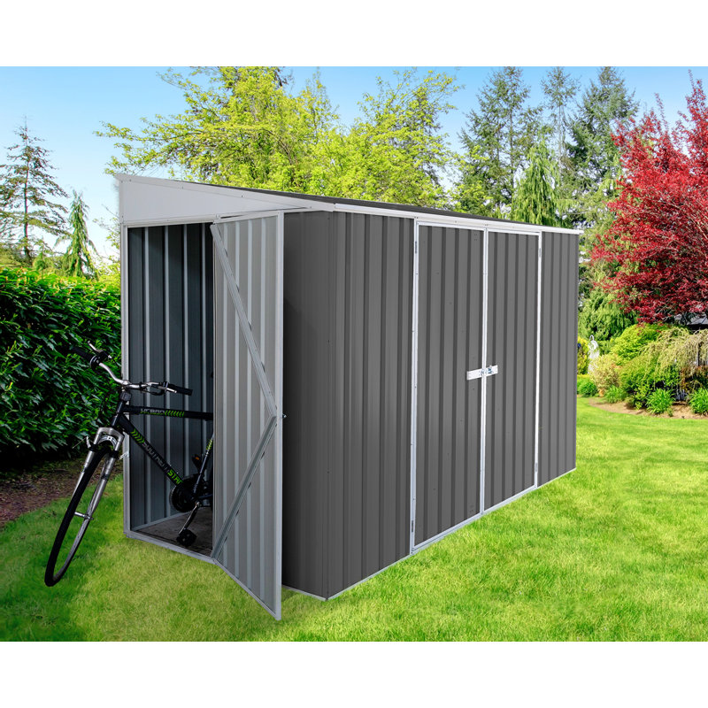 Absco Durango 10' W x 5' D Metal Galvanized Steel Weather Resistant 3 Door Lean-To Bike Shed Woodland Gray, Gray