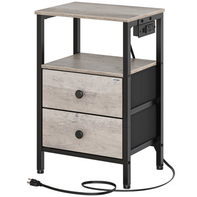 23.4"H Night Stand with Charging Station, Bedside Tables with 2 Non-Woven Drawers, Side Table for Dorm Room, End Table Bedroom for Small Spaces