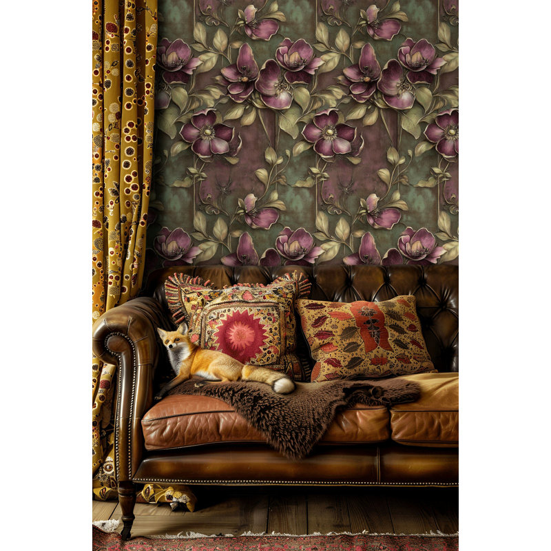 Papier peint floral rétro prune