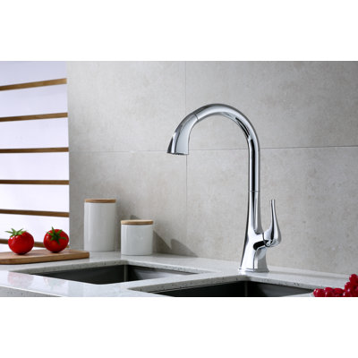 Quest Collection High-Arc Single Handle Kitchen Faucet with 2-Function Pull-Down Spout Sprayer - Chrome Polished