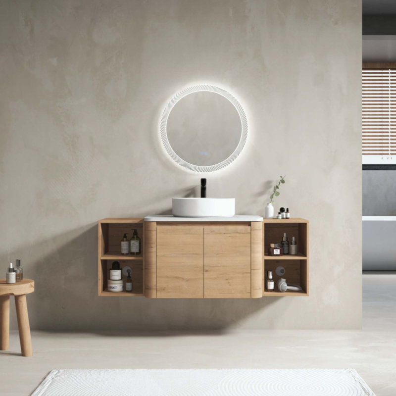 Meuble-lavabo mural avec lavabo d'art en céramique et 2 tablettes de rangement, 2 portes à fermeture douce, contreplaqué