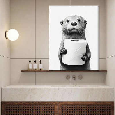 Otter Bathroom Wall Art Black And White Animal Canvas Art Prints,Cute Otter Clutching A Tissue Funny Wall Decor Modern Humorous Artwork For Restroom Rustic Farmhouse Washroom Animal Prints
