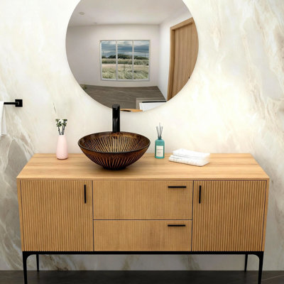 Lavabo vasque artistique en verre trempé ambré, bords arrondis lisses, bonde escamotable pour une bonne étanchéité, lavabo ovale en verre pour salle de bain idéale, motif de plumes dorées, drain, comptoir