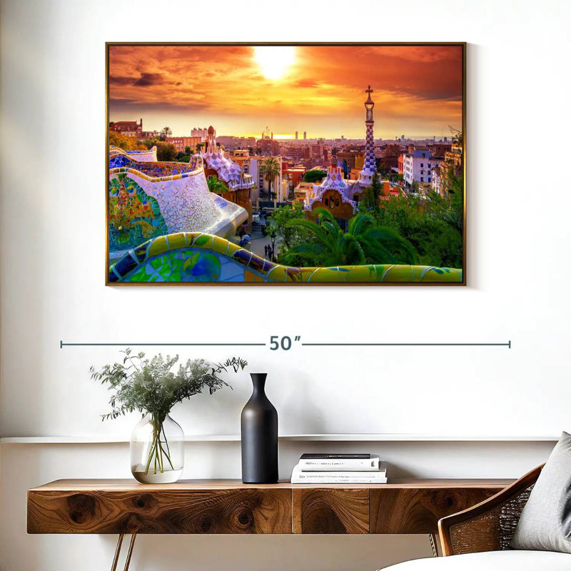 Barcelone depuis le parc Guell, Cadre flottant doré, 40 po x 27 po