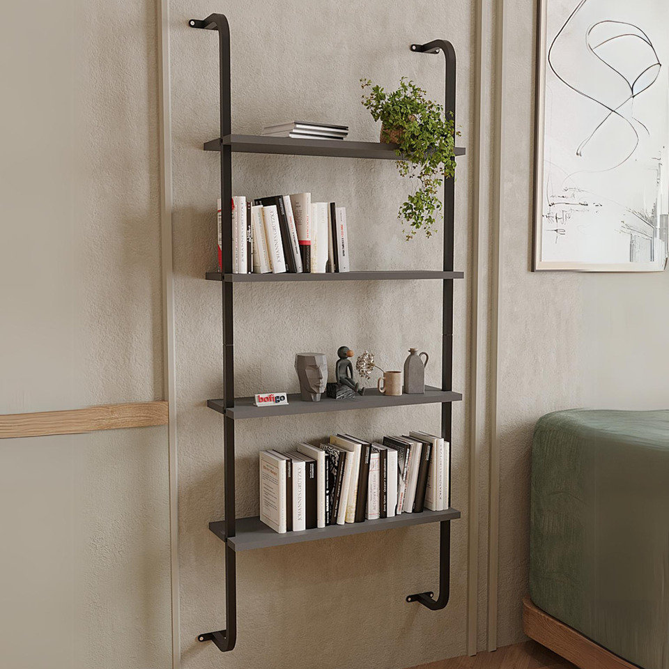 4-Shelf Wall Mounted Wooden Bookshelf With Metal Frame Living Room Display Unit