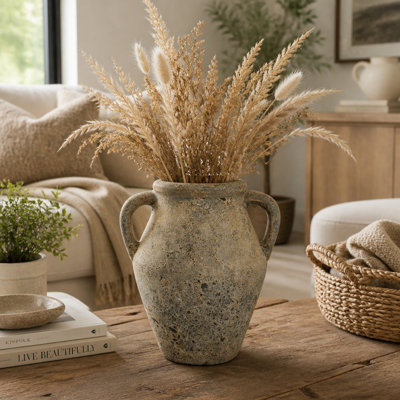 Amphore rustique en terre cuite avec anse, vase décoratif haut pour table, idéal pour le bureau ou la maison - 30 cm, couleur beige