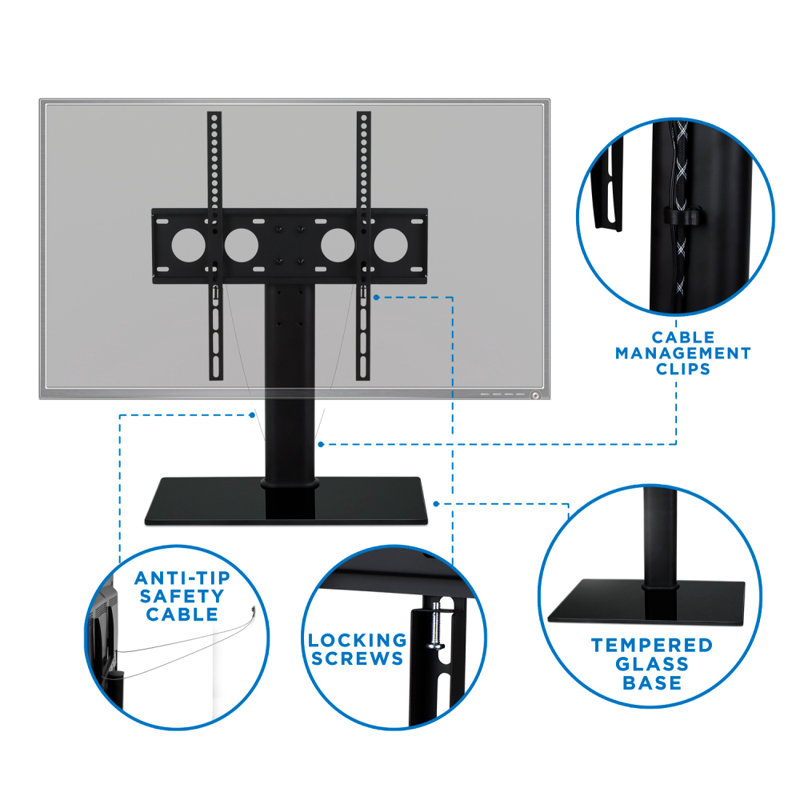 Universal Tabletop TV Stand With Wall Mount For 32 To 70 Inch 4 Level Height Adjustable, Heavy Duty Tempered Glass Base, Holds Up To 110lbs Screens, H