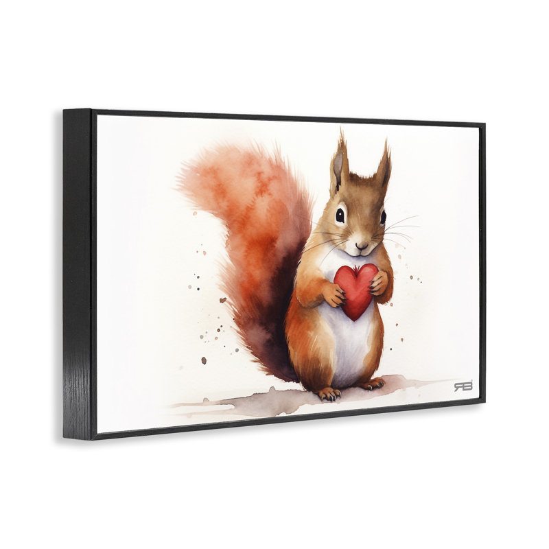 Écureuil tenant un cœur, estampe numérique par Roozbeh Bahramali, H 12 po x l 18 po, Giclée encadrée noir minuit