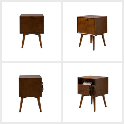 Boneva Mid-century Modern 18''W 2-Drawer End Table with Hidden Drawer and Charging Station