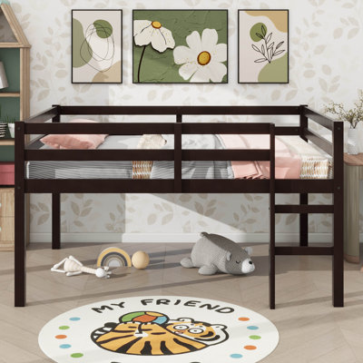 Full-Size Bed Frame, Compact Rubberwood Loft Bed With Steps For Easy Access