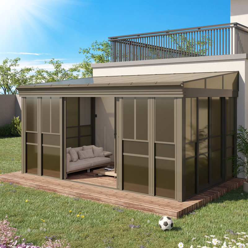 10x16 Ft Wall Mounted Sunroom, Lean-to Solarium with PC Roof, Sliding Doors & Windows, Outdoor Enclosed Gazebo for Patio, Deck & Poolside,  Brown