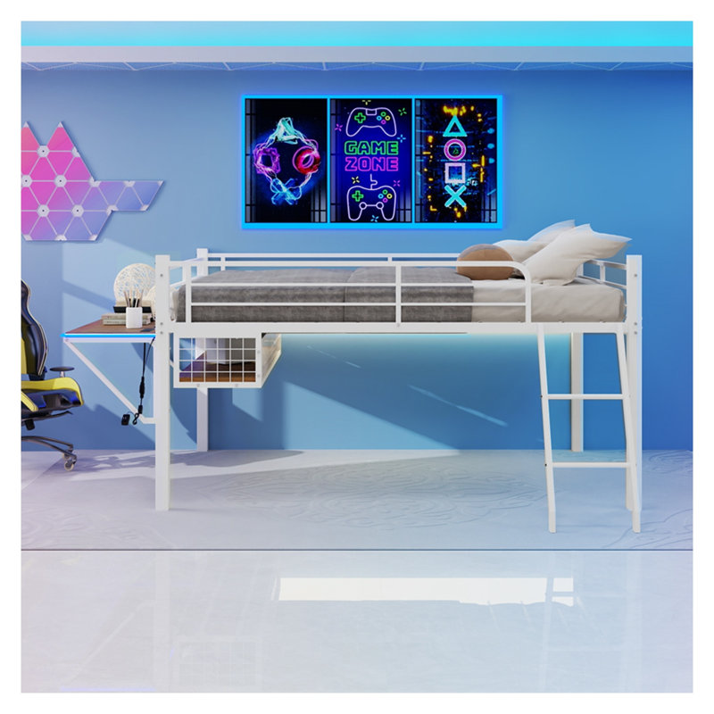Lit mezzanine double en métal avec bureau intégré et bande lumineuse à DEL, blanc