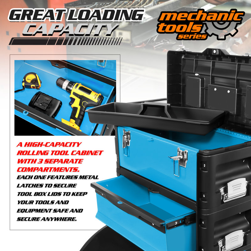 3-In-1 Stackable Tool Box With Wheels, Rolling Hand Case Tool Box Trolley Chest Cabinet With Drawer, Blue