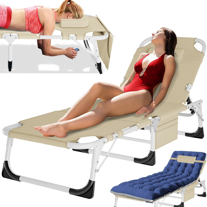 5-Position Adjustable Folding Tanning Lounge Chair With Face Hole, Portable Outdoor Sunbathing Chaise For Pool, Beach, Patio, And Backyard Relaxation
