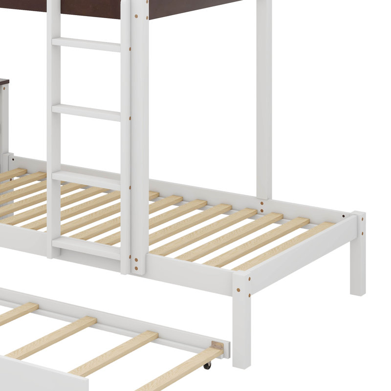 Un lit superposé avec un lit gigogne supplémentaire inclus, Lit superposé simple sur simple, Blanc/noyer