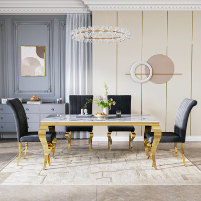 Rectangular Marble Dining Set, 70" Modern White Faux Marble Table With Polished Stainless Steel Base And Upholstered Chairs