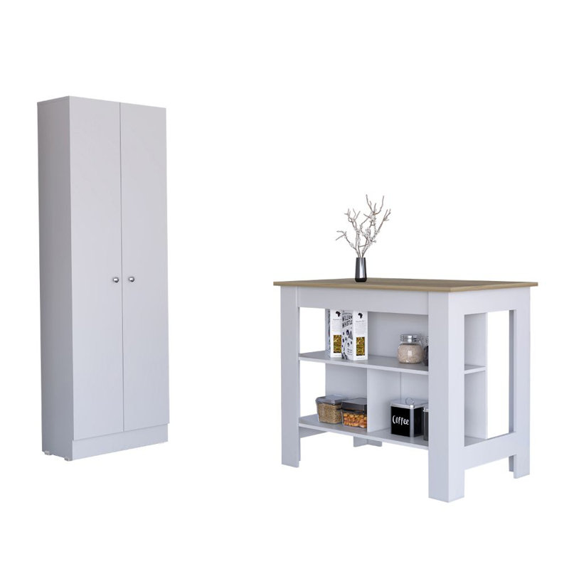 Arloa 2 Piece Kitchen Set, Kitchen Island + Kitchen Pantry, White/Light Oak