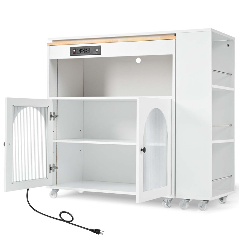Rolling Kitchen Island With Extended Table, Kitchen Island On Wheels With LED Lights,Power Outlets And 2 Fluted Glass Doors, Kitchen Island With A Storage Compartment And Side 3 Open Shelves