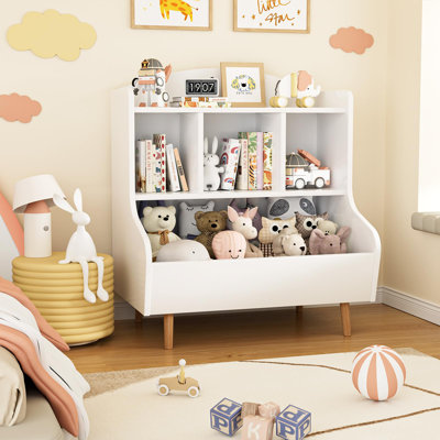 4-Tier Kids Bookshelf with Toy Storage, Child-Friendly Bookcase with Large Bottom Compartment and Wooden Legs by Rebrilliant