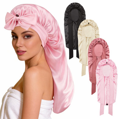 Ensemble de 4 bonnets de nuit en satin – Attache élastique ajustable, absorbant l'humidité et anti-frisottis