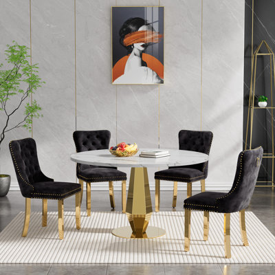 47.2" Dining Table Set for 4, Modern Kitchen Table with Stainless Steel Pedestal, Circle Dining Room Table with Tufted Dining Chairs, Round Dining Set for Kitchen Living Room