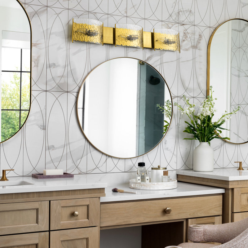 3-light Dimmable Hammered Glass Bath Bar, Gold