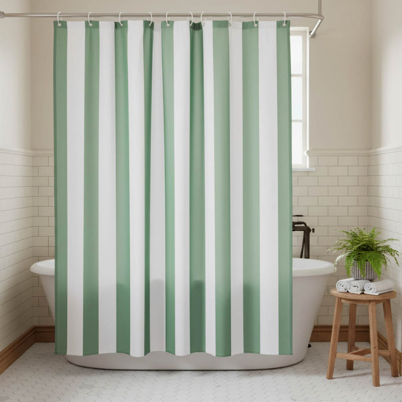 Waterproof Striped Polyester Shower Curtain For Modern Bathrooms, Sage Green