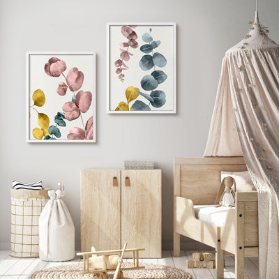 Jaune, vert, rose, feuilles, plantes, art moderne, impressions encadrées, affiches, salle de bain, petit art mural