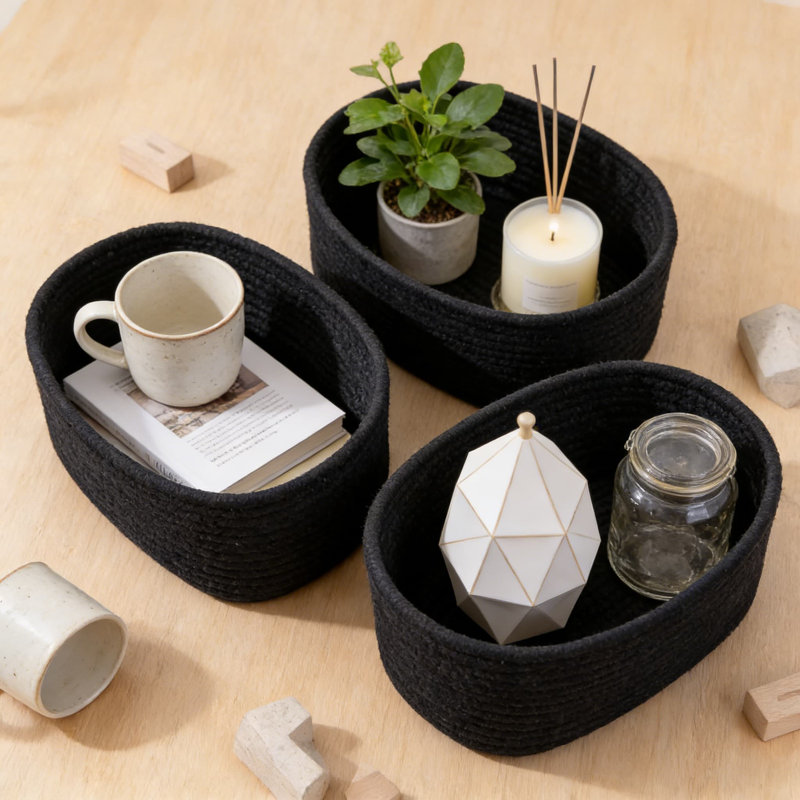 Woven Storage Baskets Set Of 3, Small Organizer Bins For Shelves And Closet, Decorative Rectangular Cube Bins For Home, Nursery, And Office Organization
