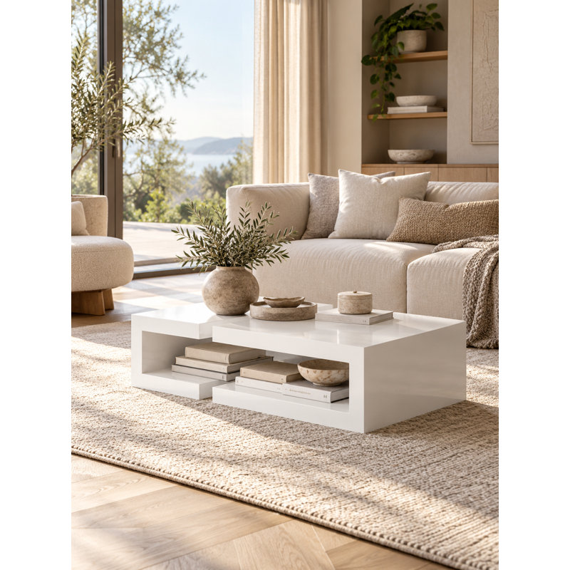 Modern White High-Gloss Rectangular Coffee Table with Open Storage Shelves, White